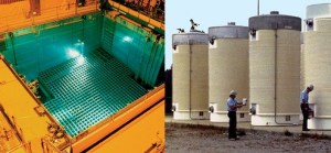 A spent fuel pool and dry casks. (Both photos courtesy of the US Nuclear Regulatory Commission)
